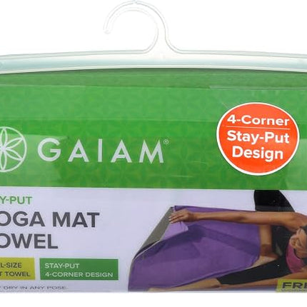 Gaiam Stay Put Yoga Towel Mat Size Yoga Mat Towel (Fits Over Standard Size Yoga Mat - 68" L x 24" W), Purple