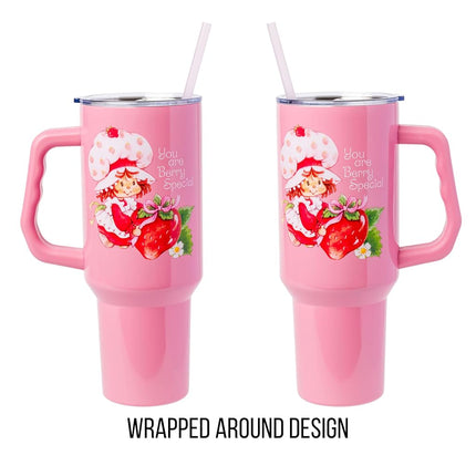 Silver Buffalo Strawberry Shortcake You are Berry Special Vintage Berry Pink Stainless Steel Tumbler with Handle and Straw, Fits in Standard Cup Holder, 40 Ounces