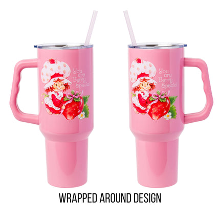 Silver Buffalo Strawberry Shortcake You are Berry Special Vintage Berry Pink Stainless Steel Tumbler with Handle and Straw, Fits in Standard Cup Holder, 40 Ounces