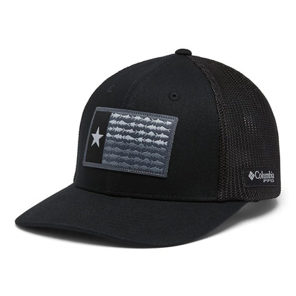 Gorra de malla Columbia PFG Flag - Corona alta, Negro/Negro/Pez de Texas, Grande/Extragrande
