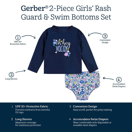 Gerber Conjunto de traje de baño de manga larga para niñas, Shell floral morado, 12 meses