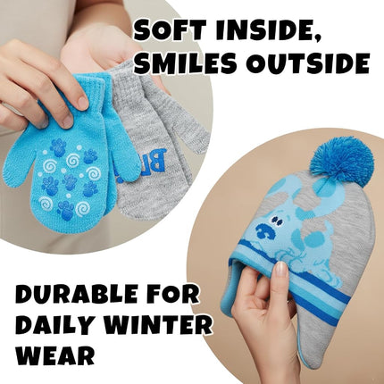 Set de gorro de invierno de Blue's Clues de Nickelodeon para niños - Gorro de pompón y manoplas de 2 piezas, talla 2-4 años, azul/gris