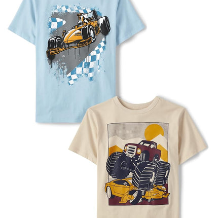 The Children's Place Boys' Short Sleeve Graphic T-Shirt 2-Pack, Racecar/Monster Truck, X-Large