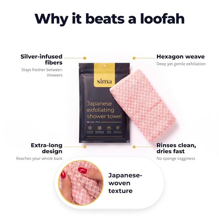 Sima Brand Exfoliating Washcloth Face & Body Scrub Towel - Japanese Exfoliating Towel with Hexagon Fibers, Body Scrubber with 2 Sides for Scrubbing & Washing Extra Long (Pink)