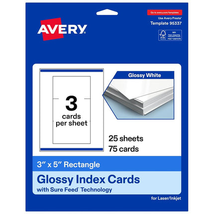 Avery Printable Rectangle Cards, Sure Feed Technology, 3" x 5", Glossy White Cardstock, Laser/Inkjet Printable, 75 Total, Great for Indexing FIles and Recipes