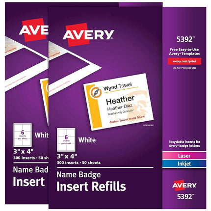 Recharges d'étiquettes nominatives Avery, 7,6 x 10,2 cm, inscriptibles/imprimables (laser/jet d'encre), lot de 2, 300 recharges par paquet, 600 recharges d'étiquettes au total (35392)