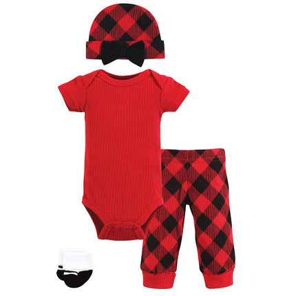 Hudson Baby Unisex Thermal Preemie Layette Set 4pc Short Sleeve Outfit, Girl Buffalo Plaid Short Sleeve, Preemie