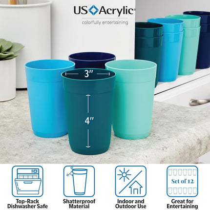 US Acrylic Newport 10 ounce Unbreakable Plastic Stackable Juice Tumblers in Coastal Colors | Set of 12 Drinking Cups | Reusable, BPA-free, Made in the USA, Top-rack Dishwasher and Microwave Safe