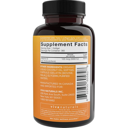 Vitamin D3 5000 IU, 360 Softgels - High Potency Vitamin D Made with Organic Coconut Oil, Vitamin D for Healthy Immune Function, Bone Health & Muscles Function