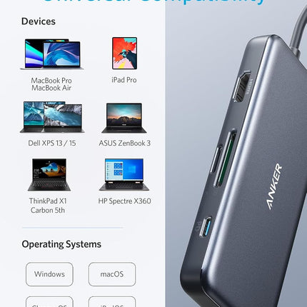 Anker USB C Hub, 7-in-1 USB C Adapter, with 4K USB C to HDMI, 100W Power Delivery, USB C Data Port, microSD/SD Card Reader, 2 USB 3.0 Ports, for MacBook Pro 2017/2018, Chromebook, XPS, and More