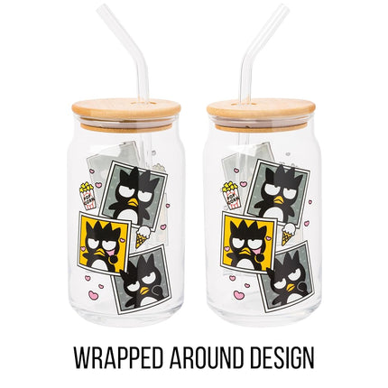 Silver Buffalo Sanrio Hello Kitty and Friends Badtz-Maru Polaroids Glass Jar Tumbler with Bamboo Lid and Glass Straw, 16 Ounces