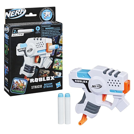 NERF Roblox Strucid: Boom Strike Dart Blaster, Pull-Down Priming Handle, 2 Elite Darts, Code to Unlock in-Game Virtual Item, White