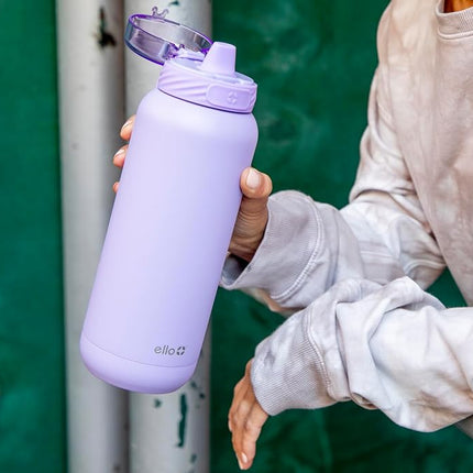 Ello Cooper Vacuum Insulated Stainless Steel Water Bottle with Soft Straw and Carry Loop, Double Walled, Leak Proof, Lilac, 32oz