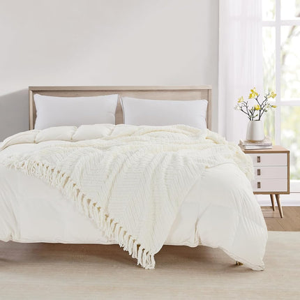 CREVENT Knitted Decorative Throw Blanket for Couch Sofa Chair Bed, Soft Breathable Lightweight for Spring Summer Fall (127x152cm Ivory)