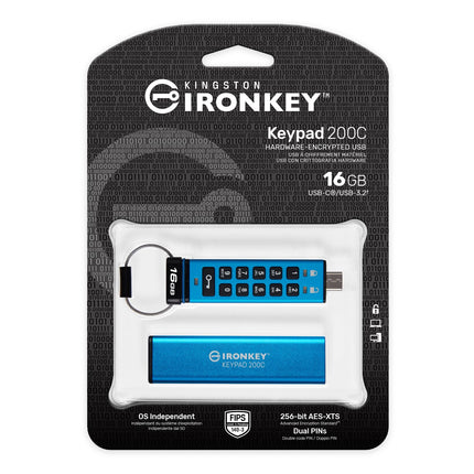 Kingston IronKey Keypad 200C Type-C hardware-encrypted USB Flash Drive FIPS 140-3 Level 3 (Pending) with XTS-AES 256-bit Hardware Encryption -IKKP200C/16GB