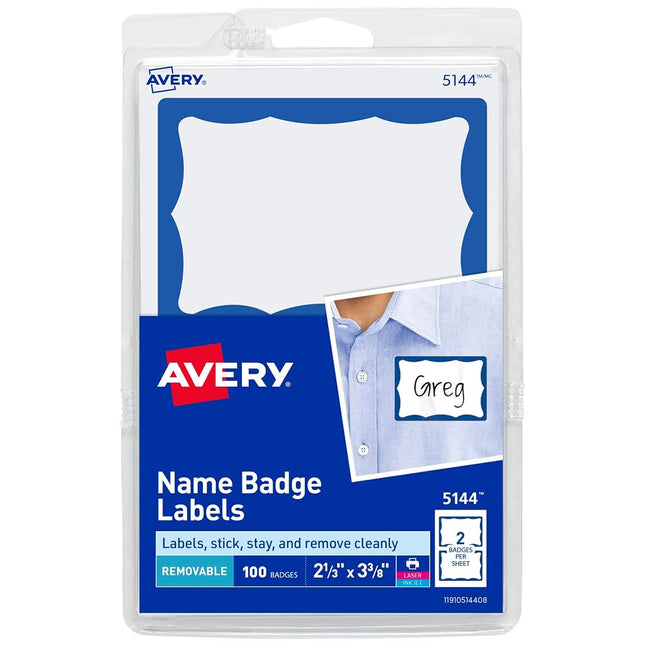 Avery Customizable Name Tags, 2-1/3" x 3-3/8", White with Blue Border, 100 Removable Name Badges (05144)
