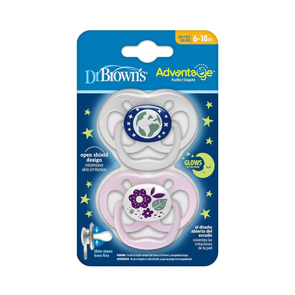 Dr. Brown's Advantage Glow-in-The-Dark Baby Pacifier, Fully Symmetrical Soother with Soft Silicone Bulb, Purple Nature, 6-18m, BPA Free, 2 Pack