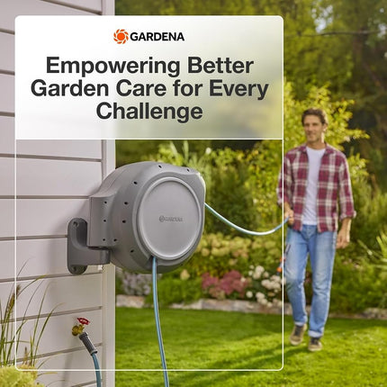 GARDENA 8055 - 100 Foot Wall Mounted Retractable Reel with Hose Guide, Automatic retraction for Easy Watering, Gray