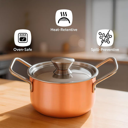 Restaurantware - Casserole individuelle avec couvercle de 255 ml, 1 plat à gratin individuel incassable - Poignées intégrées, pour cuire et servir des portions individuelles, Cocotte à soupe en cuivre et acier inoxydable,