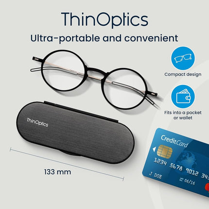 ThinOptics Reading Glasses 2.00, Black Frame, 4mm Case, for Men and Women