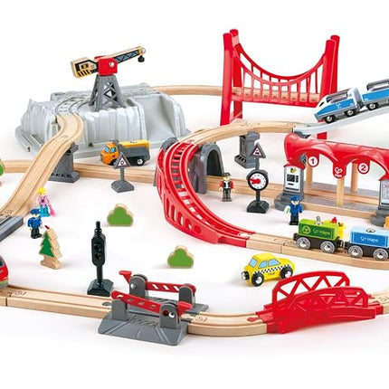 Hape City Railway and Train Bucket Set Toy with storage box that forms part of the scene, Ages 3 and up