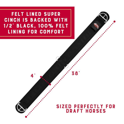Weaver Equine Deluxe Super Horse Cinch, Anti-Slip Felt Lined Saddle Cinch Girth with Flat Buckle, Draft Horse Riding Supplies, Black