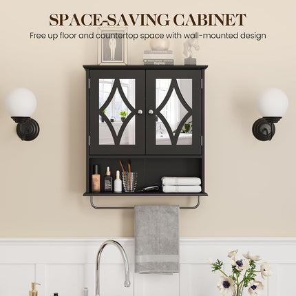 May in Color Vanity Wall Mounted Storage Cabinet, Bathroom Medicine Cabinet with Mirror with Adjustable Shelves and Towel Bar, Hanging Wall Cabinet for Bathroom, Laundry, Living Room, Black