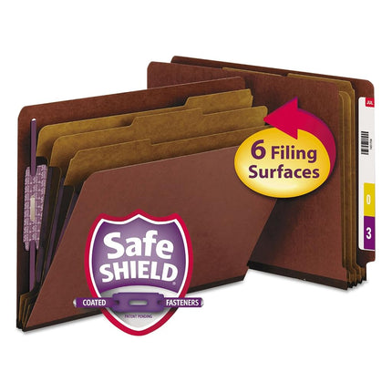 Smead 100% Recycled End Tab Pressboard Classification File Folder with SafeSHIELD Fasteners, 3 Dividers, 3" Expansion, Letter Size, Red, 10 per Box (26865)