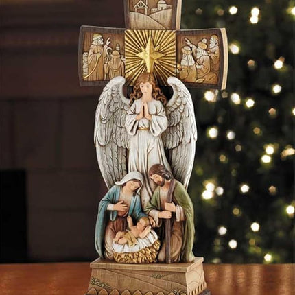 Avalon Gallery Christmas Figurines - Joseph Mary with Jesus and Angel Standing Cross Centerpiece Figurine, 14-Inch, Nativity Cross
