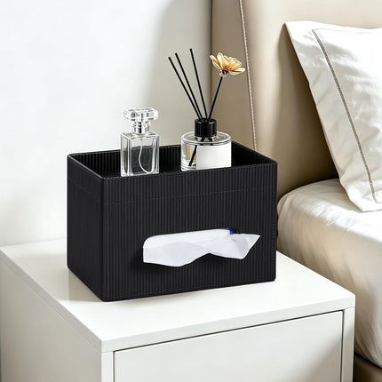 Cretkhp Rectangular Tissue Box Cover with Storage Tray, PU Leather Tissue Box Holder for Bathroom Vanity Countertop Night Stands Bedroom Office Desk, Stylish Tissue Holder Decorative Organizer (Black)
