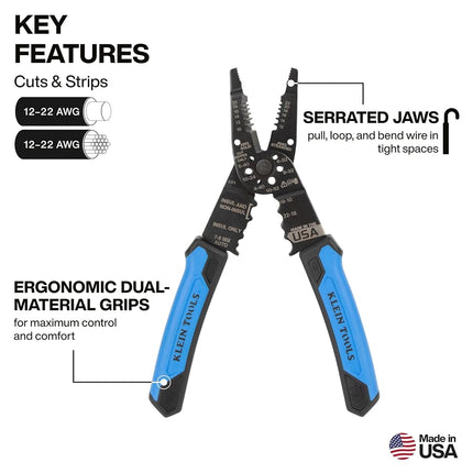 Klein Tools 1025 Long Nose Multi-Purpose Wire Stripper Tool, Made in USA Professional Electrician Tools, Crimping Tool, Cable Stripper for 10-20 AWG Solid, 12-22 AWG Stranded Wire