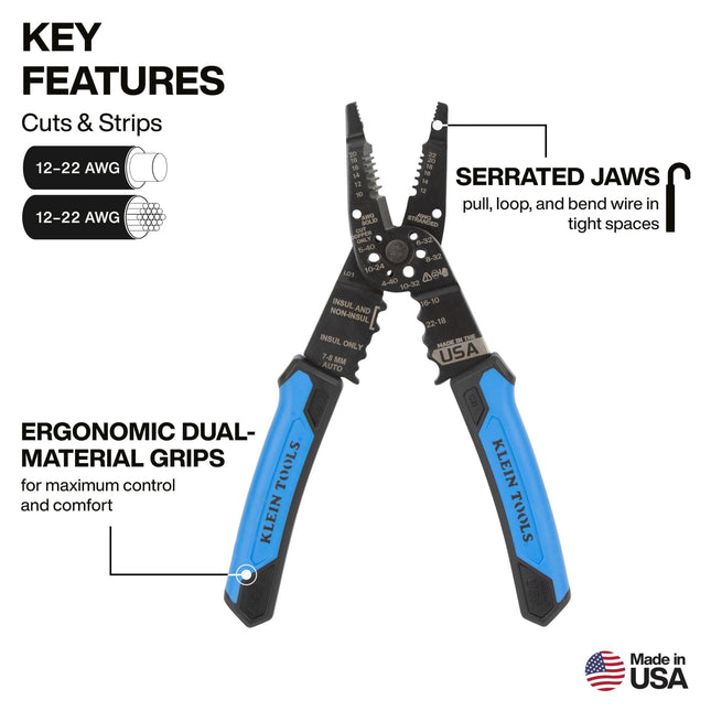 Klein Tools 1025 Long Nose Multi-Purpose Wire Stripper Tool, Made in USA Professional Electrician Tools, Crimping Tool, Cable Stripper for 10-20 AWG Solid, 12-22 AWG Stranded Wire