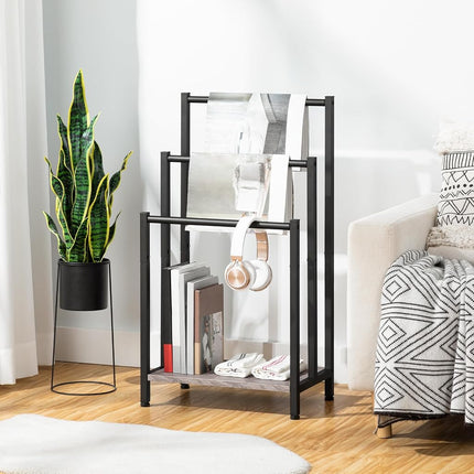 HOOBRO Towel Rack, Towel Rail Freestanding, Towel Holder for Bathroom, Drying Stand with 3 Towel Rails and Storage Shelf, Metal, for Bath and Hand Towels, Industrial, Rustic Greige and Black EBG03LB01