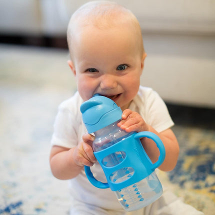 Dr. Brown's Milestones Wide-Neck Sippy Straw Bottle with 100% Silicone Handles and Weighted Straw, 9 oz/270 mL, Gray & Blue, 6m+, 2 Pack
