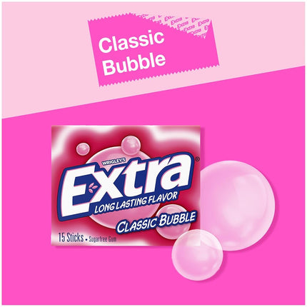 Chicle sin azúcar Wrigley's Extra Classic Bubble, paquete de 15 unidades, caja de 10 paquetes