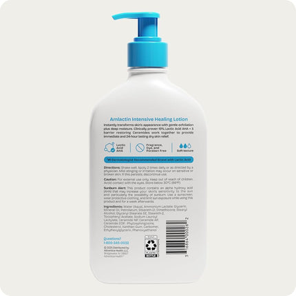 AmLactin Intensive Healing Body Lotion for Dry Skin – 14.1 oz Pump Bottle – 2-in-1 Exfoliator & Moisturizer with Ceramides & 15% Lactic Acid for Relief from Dry Skin (Packaging May Vary)