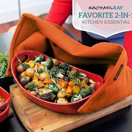 Rachael Ray Toalla Moppine - Toalla de cocina y agarrador 2 en 1 con 2 bolsillos resistentes al calor para sujetar utensilios de cocina y de repostería calientes - Toallas de cocina absorbentes perfectas para secar platos y manos, naranja quemado