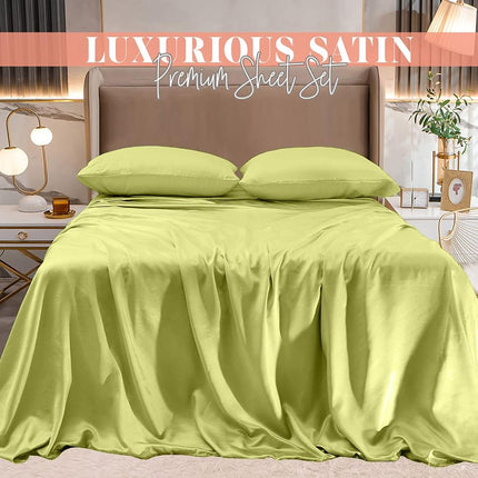 Elegant Comfort Luxurious 4-Piece Silky Satin Sheet Set, Skin and Hair Friendly, Wrinkle, Fade, Stain Resistant with Deep Pockets Fitted Sheet, Cooling Soft Satin Sheet Set, Twin, Pistachio Green