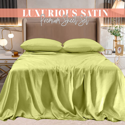 Elegant Comfort Luxurious 4-Piece Silky Satin Sheet Set, Skin and Hair Friendly, Wrinkle, Fade, Stain Resistant with Deep Pockets Fitted Sheet, Cooling Soft Satin Sheet Set, Twin, Pistachio Green