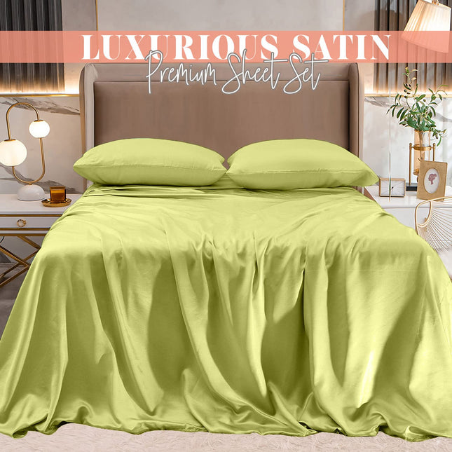 Elegant Comfort Luxurious 4-Piece Silky Satin Sheet Set, Skin and Hair Friendly, Wrinkle, Fade, Stain Resistant with Deep Pockets Fitted Sheet, Cooling Soft Satin Sheet Set, Twin, Pistachio Green