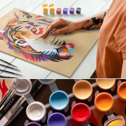 ARTEZA Paint by Numbers Kit, 12x16 Inches, 21 Pieces, Tiger Canvas Painting Kit, Canvas Panel, 12 Acrylic Paint Pots, 5 Paintbrushes, Art Supplies for a Meditative and Calming