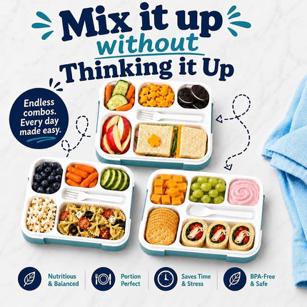 Bento-Box with Bag and Ice Pack Set. Lunch Boxes Snack Containers for Kids Boys Girls Adults. 6 Compartments, Leakproof Portion Container Boxes Insulated Bags for School Lunches, Blue