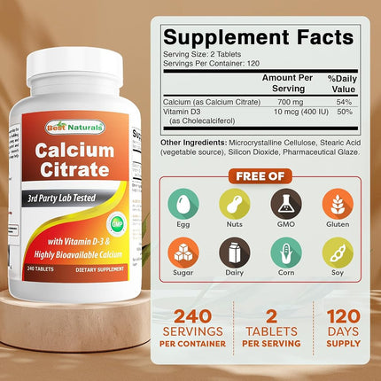 Best Naturals Calcium Citrate with Vitamin D-3 240 Tablets (240 Count (Pack of 2))