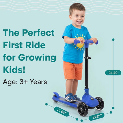 SereneLife Kids Scooter for Ages 3–7 – 3 Wheel Kick Scooter with Seat Option, Light-Up LED Wheels, Lean-to-Steer, Foldable, Adjustable Height, 50 kg Capacity, Blue