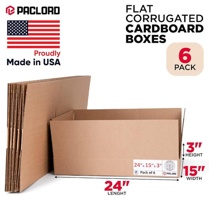 Paclord 6 Pack Flat Cardboard Boxes 24" L x 15" W x 3" H - USA Made Packaging Boxes for Moving House, Shipping or Storage - USPS, UPS, FedEx Approved