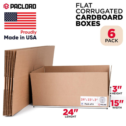 Paclord 6 Pack Flat Cardboard Boxes 24" L x 15" W x 3" H - USA Made Packaging Boxes for Moving House, Shipping or Storage - USPS, UPS, FedEx Approved