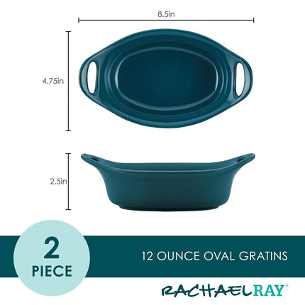 Rachael Ray Solid Glaze Ceramics Au Gratin Bakeware/Baker Set, Oval - 2 Piece, Teal