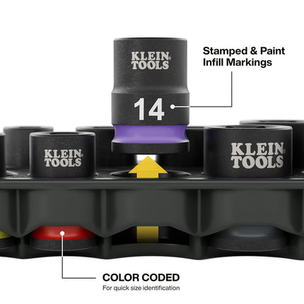 Klein Tools Grab-and-Go 80207 Impact Socket Set SAE and Metric 20 Pieces with Sleeves, Carabs, 3/8 Inch Drive, Colour Coded, 1/4-Inch to 3/4-Inch Sockets, 8 mm Sockets