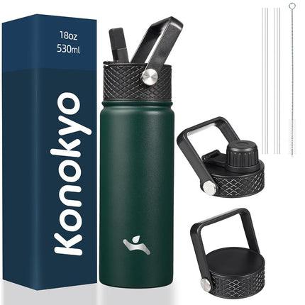 Konokyo Insulated Water Bottle with Straw,18oz 3 Lids Metal Bottles Stainless Steel Water Flask,Army Green