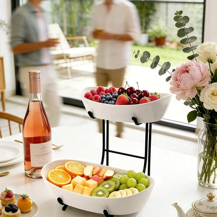 Yedio 2 Tier Ceramic Fruit Bowl for Kitchen Counter with Black Metal Stand